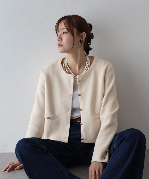 新色追加》金ボタンノーカラーニットジャケット（カーディガン/ボレロ