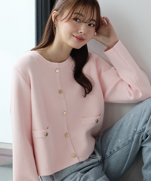 BLUEEAST(ブルーイースト)の「《お気に入り2.7万人突破!/新色追加/9色展開》金ボタンノーカラーニットジャケット(カーディガン/ボレロ・レディース・ブラック系/ネイビー/アイボリー系/グレー系/ブラウン/ブラック/チャコールグレー/アイボリー/ボルドー/ブルー/ピンク・MEDIUM)」の15枚目の写真