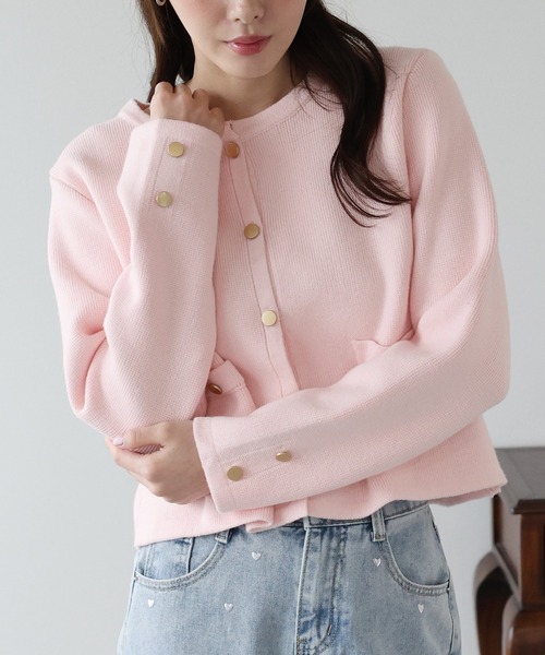 新色追加》金ボタンノーカラーニットジャケット（カーディガン/ボレロ