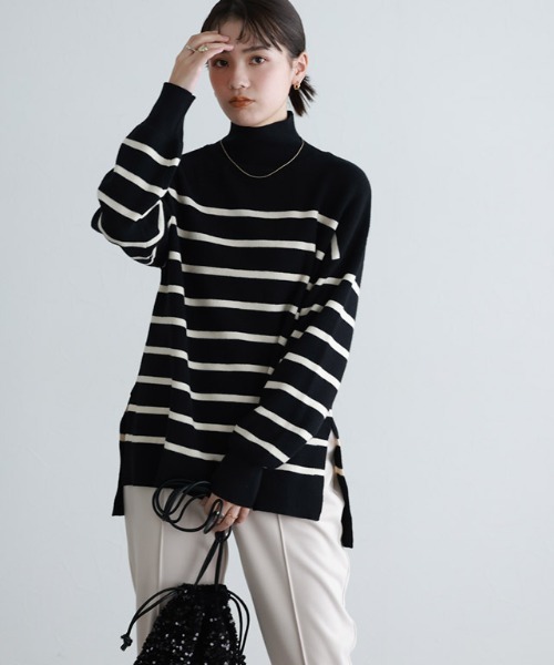 Pierrot（ピエロ）の「[吸湿発熱] ハイネックサイドスリットニット（ニット/セーター・レディース・ブラック系その他/杢グレー/アイボリー/グリーン系その他/ブラック/ホワイト×ブラック/ブルー系その他/ピンク・L/M）」の21枚目の写真