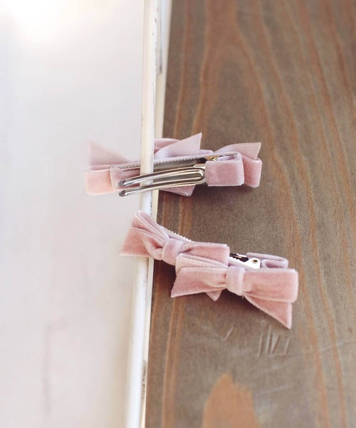 ピンクバレンタイン ベロア リボン ヘアピン2個セット（ヘアピン