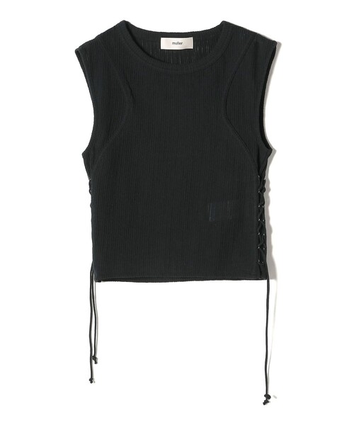 SHIPS(シップス)の「muller of yoshiokubo:〈手洗い可能〉レースアップ リブ タンクトップ(Tシャツ/カットソー・レディース・ベージュ系その他/ブラック・ONE SIZE)」の2枚目の写真