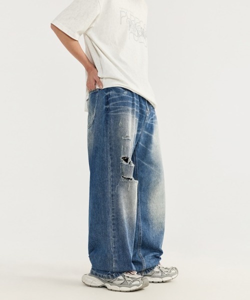 クラッシュダメージ加工ワイドストレートデニムパンツ
