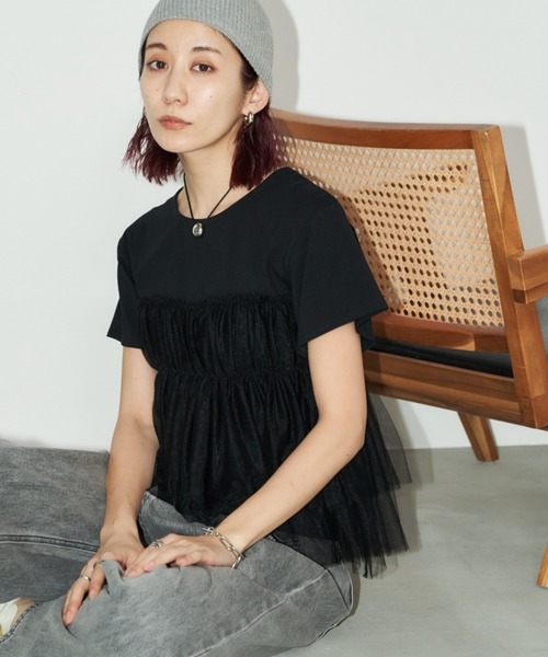 AD2006 archive ギャザーチュールドッキングTシャツ 黒 AD2006 archive ギャザーチュールドッキングTシャツ 黒