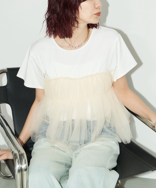 AD2006 archive ギャザーチュールドッキングTシャツ 黒 セール】チュールギャザードッキングTEE（Tシャツ/カットソー