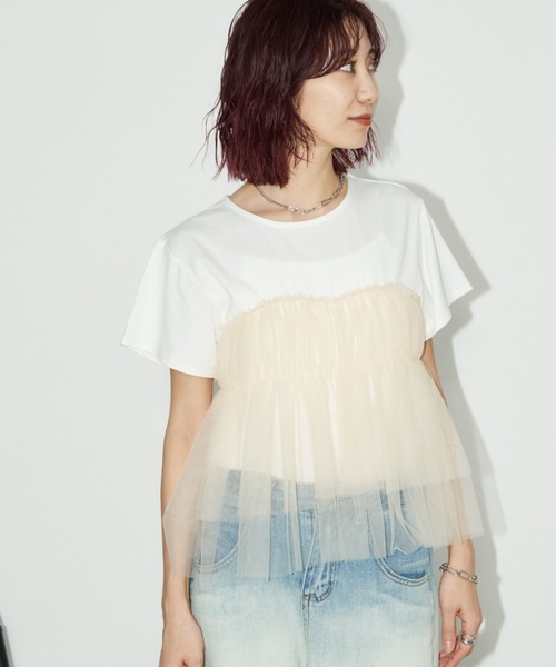 セール】チュールギャザードッキングTEE（Tシャツ/カットソー