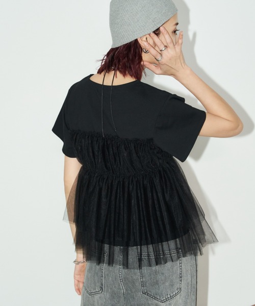 Auntie Rosa Holiday(アンティローザホリデー)の「チュールギャザードッキングTEE(Tシャツ/カットソー・レディース・ブラック/オフホワイト/チャコールグレー・FREE)」の9枚目の写真