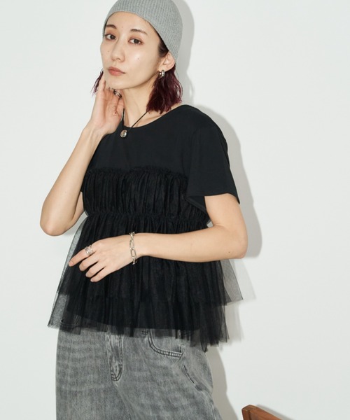 Auntie Rosa Holiday(アンティローザホリデー)の「チュールギャザードッキングTEE(Tシャツ/カットソー・レディース・ブラック/オフホワイト/チャコールグレー・FREE)」の7枚目の写真