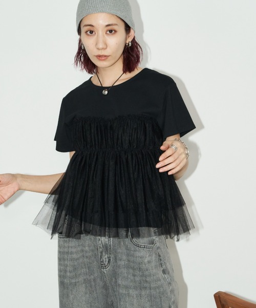 Auntie Rosa Holiday(アンティローザホリデー)の「チュールギャザードッキングTEE(Tシャツ/カットソー・レディース・ブラック/オフホワイト/チャコールグレー・FREE)」の6枚目の写真