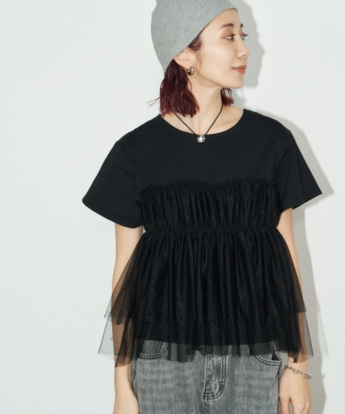 AD2006 archive ギャザーチュールドッキングTシャツ 黒 セール】チュールギャザードッキングTEE（Tシャツ/カットソー