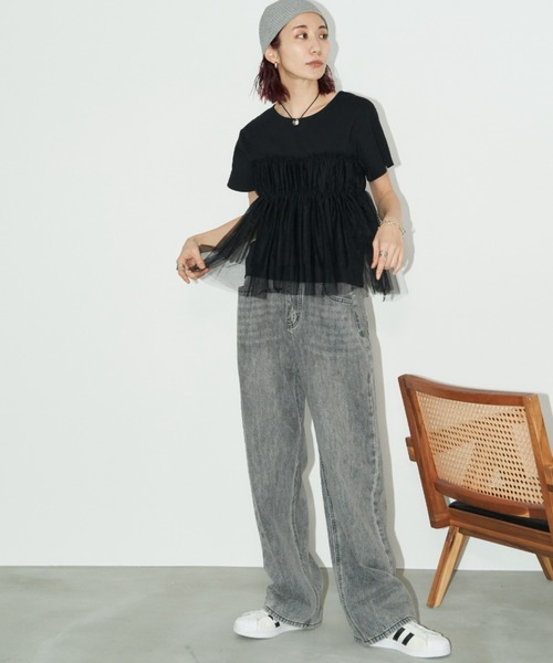 Auntie Rosa Holiday(アンティローザホリデー)の「チュールギャザードッキングTEE(Tシャツ/カットソー・レディース・ブラック/オフホワイト/チャコールグレー・FREE)」の12枚目の写真