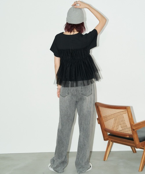 Auntie Rosa Holiday(アンティローザホリデー)の「チュールギャザードッキングTEE(Tシャツ/カットソー・レディース・ブラック/オフホワイト/チャコールグレー・FREE)」の14枚目の写真