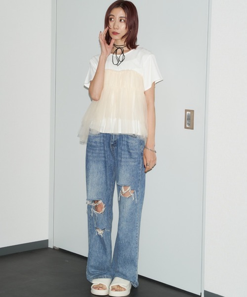 Auntie Rosa Holiday(アンティローザホリデー)の「チュールギャザードッキングTEE(Tシャツ/カットソー・レディース・ブラック/オフホワイト/チャコールグレー・FREE)」の5枚目の写真