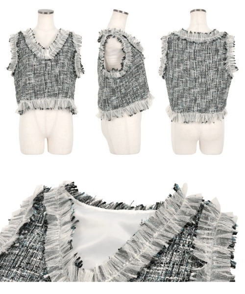 KOBE LETTUCE（コウベレタス）の「チュールフリンジツイードジレ（ベスト・レディース・ブルー/ブラック/ベージュ・M）」の9枚目の写真