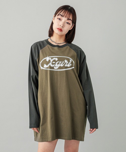 X-girl（エックスガール）の「METAL LOGO B/B BIG TEE DRESS（ワンピース・レディース・オリーブ/ホワイト/チャコール・S/M）」の7枚目の写真