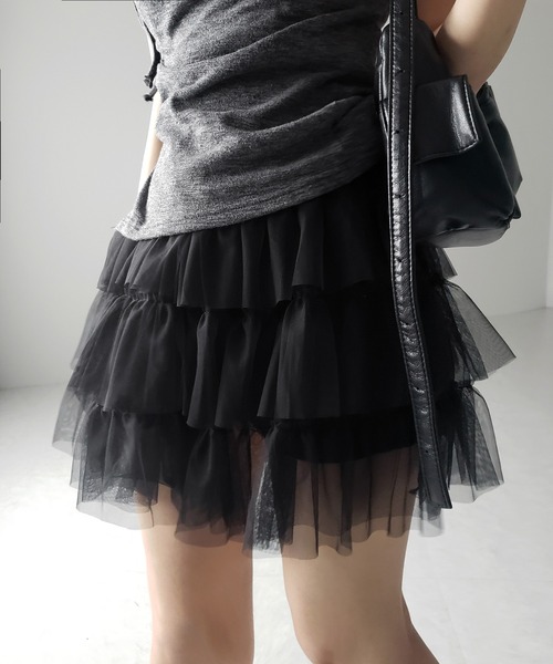 3color 】チュールフリルボリュームミニスカート ／ tulle frill