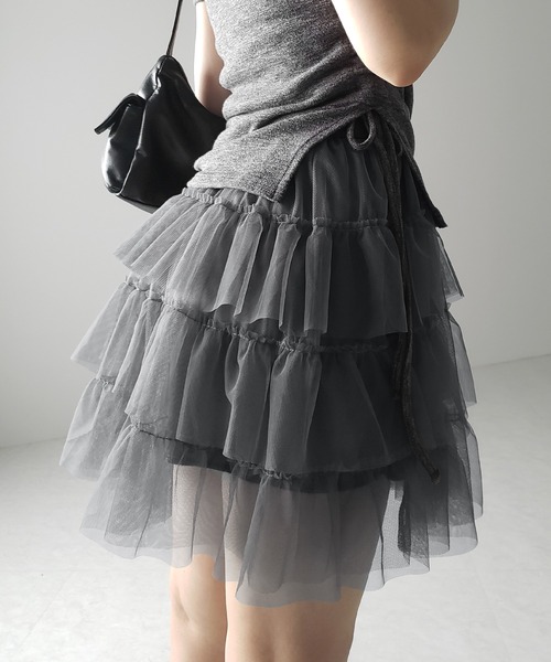 3color 】チュールフリルボリュームミニスカート ／ tulle frill
