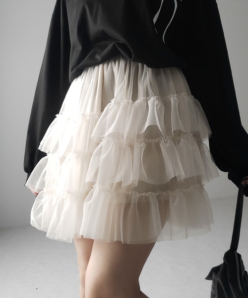 bibiyホワイトフリルチュールミニスカート 3color 】チュールフリルボリュームミニスカート ／ tulle frill
