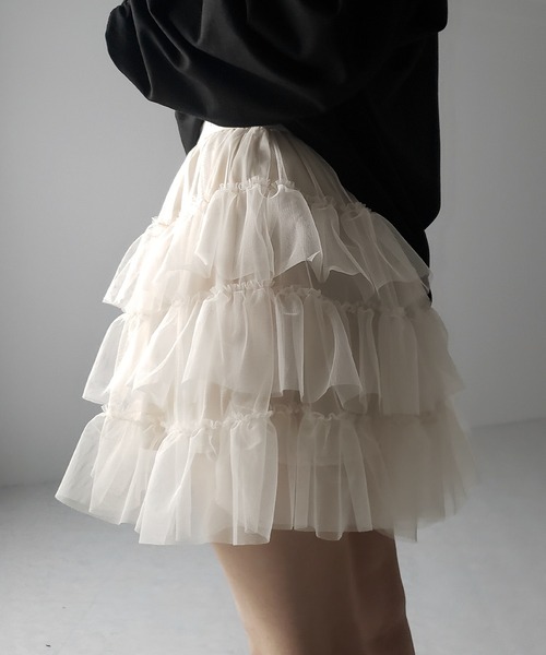 ミュゲ muguet lace&frill mini skirt ホワイト M muguet tulle tiered mini skirt - メルカリ