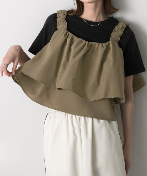 ad thie(アドティエ)の「シャーリングキャミソール ボリュームビスチェ(キャミソール・レディース・ブラック/ライトカーキ・FREE)」の1枚目の写真