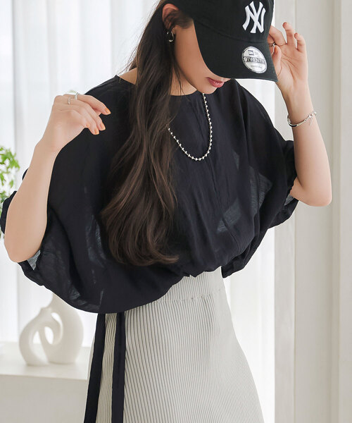 KOBE LETTUCE（コウベレタス）の「サイドドロストリボンシアートップス（シャツ/ブラウス・レディース・イエロー/オフホワイト/ブラック・M）」の2枚目の写真