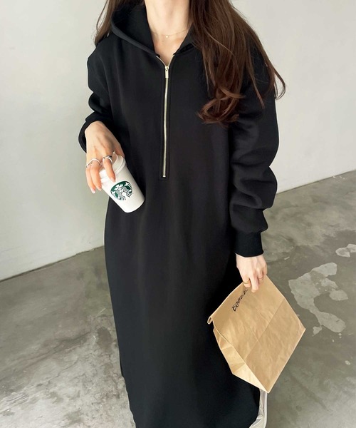 GeeRA（ジーラ）の「【新色追加/M-3Lサイズ】ハーフジップ裏起毛スウェットパーカーワンピース（ワンピース・レディース・ブラック/オートミール/チャコール/モカ/杢グレー・MEDIUM/LARGE/X-LARGE/XX-LARGE）」の21枚目の写真