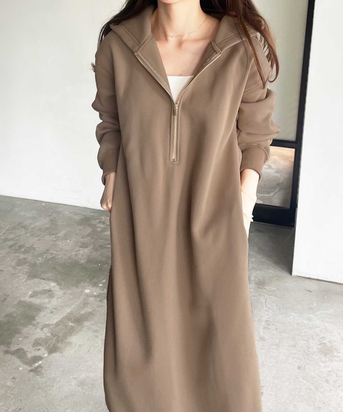 GeeRA（ジーラ）の「【新色追加/M-3Lサイズ】ハーフジップ裏起毛スウェットパーカーワンピース（ワンピース・レディース・ブラック/オートミール/チャコール/モカ/杢グレー・MEDIUM/LARGE/X-LARGE/XX-LARGE）」の13枚目の写真