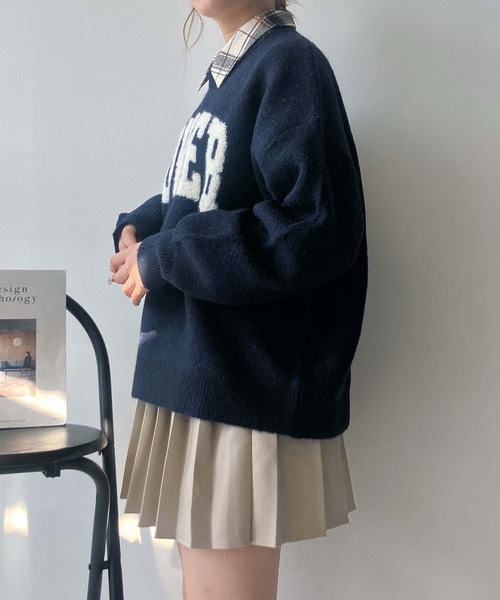 セール】◇カレッジロゴジャガードニットプルオーバー（ニット