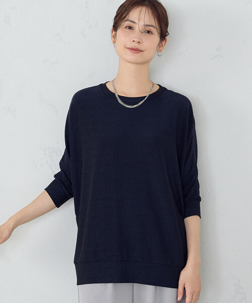 COMME CA ISM(コムサイズム)の「きらきらラメ 5分袖 ドルマンスリーブカットソー(Tシャツ/カットソー・レディース・ブラック/ネイビー・LARGE/MEDIUM)」の1枚目の写真