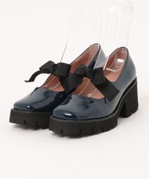 【本革/軽量/275g/太ヒール/6cm】リボンパンプス
