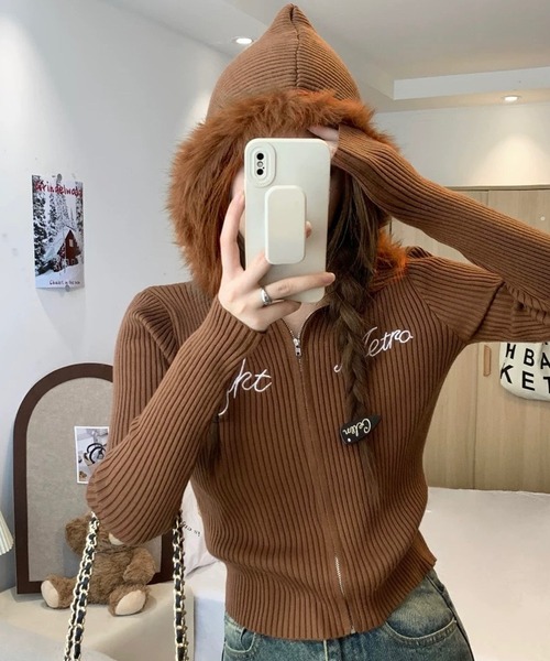 セール】ファー ジップアップ フーディー パーカー ショート丈