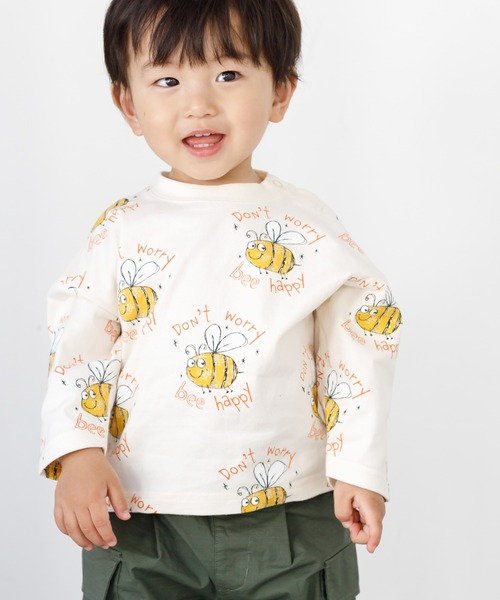 Bee Happy総柄長袖Tシャツ□80～140cm（Tシャツ/カットソー