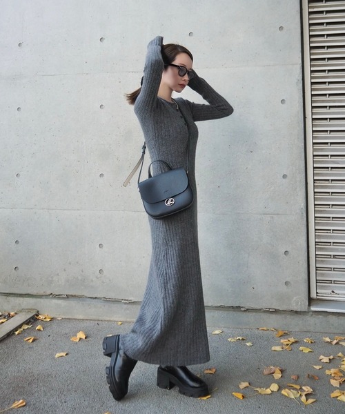 henley neck long rib dress /ヘンリーネック ロング リブ