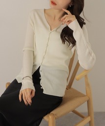 v neck lib knit cardigan /メタルボタン シアーライン Vネック リブニット カーディガン