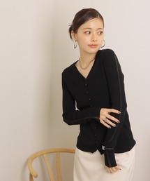 v neck lib knit cardigan /メタルボタン シアーライン Vネック リブニット カーディガン