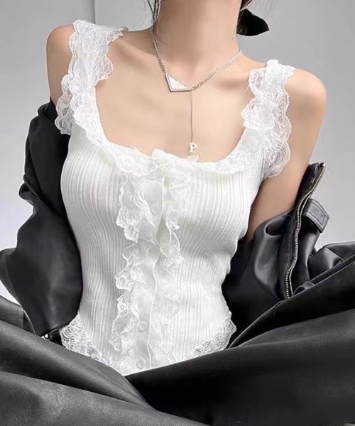 SHEPP（シープ）の「フリルレースリブ編みタンクトップ（タンクトップ・レディース・ホワイト/ブラック・F）」の2枚目の写真