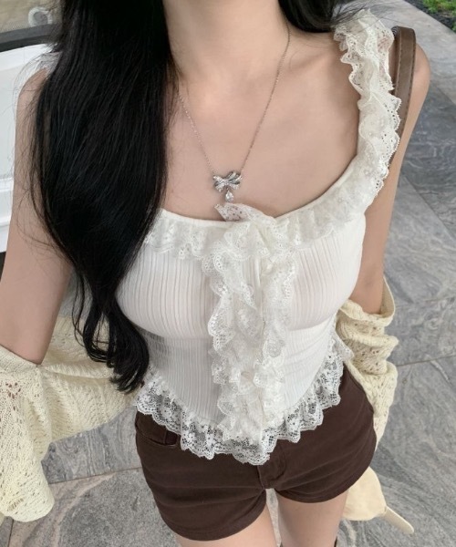 SHEPP（シープ）の「フリルレースリブ編みタンクトップ（タンクトップ・レディース・ホワイト/ブラック・F）」の11枚目の写真