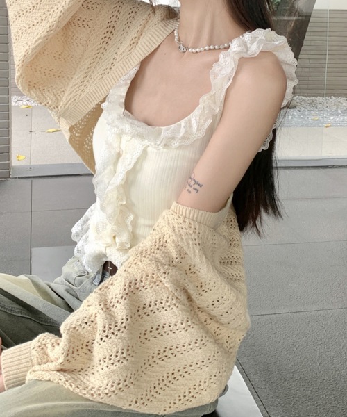 SHEPP（シープ）の「フリルレースリブ編みタンクトップ（タンクトップ・レディース・ホワイト/ブラック・F）」の6枚目の写真