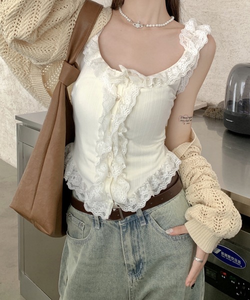 SHEPP（シープ）の「フリルレースリブ編みタンクトップ（タンクトップ・レディース・ホワイト/ブラック・F）」の8枚目の写真