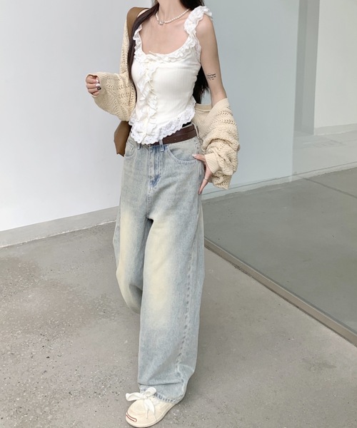 SHEPP（シープ）の「フリルレースリブ編みタンクトップ（タンクトップ・レディース・ホワイト/ブラック・F）」の3枚目の写真