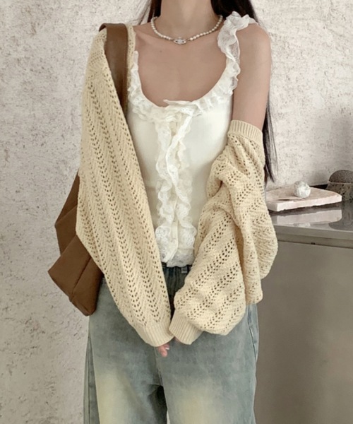 SHEPP（シープ）の「フリルレースリブ編みタンクトップ（タンクトップ・レディース・ホワイト/ブラック・F）」の7枚目の写真