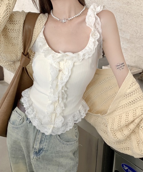 SHEPP（シープ）の「フリルレースリブ編みタンクトップ（タンクトップ・レディース・ホワイト/ブラック・F）」の9枚目の写真