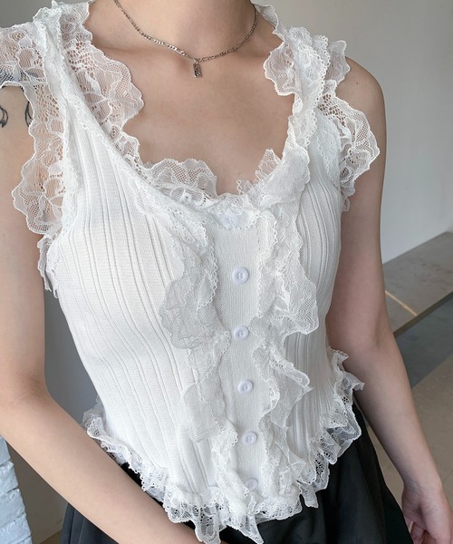 SHEPP（シープ）の「フリルレースリブ編みタンクトップ（タンクトップ・レディース・ホワイト/ブラック・F）」の16枚目の写真