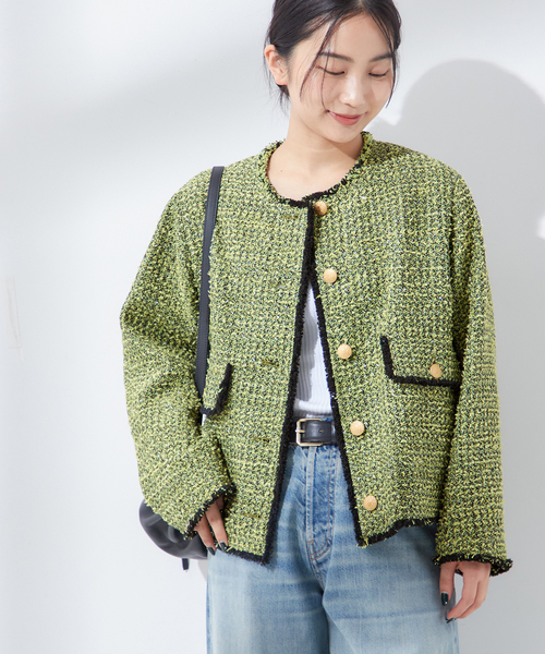 ジャーナルスタンダードレサージュ GIOLICA ツイード ノーカラージャケット セール】《SP》GIOLICAツイードWIDE ジャケット(ノーカラー