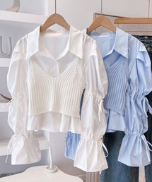 SPIGA | 袖ｼｬｰﾘﾝｸﾞﾌﾞﾗｳｽ+ﾆｯﾄﾋﾞｽﾁｪｾｯﾄ(シャツ/ブラウス)