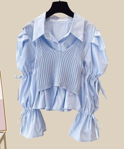 SPIGA（スピーガ）の「袖ｼｬｰﾘﾝｸﾞﾌﾞﾗｳｽ+ﾆｯﾄﾋﾞｽﾁｪｾｯﾄ（シャツ/ブラウス・レディース・ホワイト/ブルー・FREE）」の2枚目の写真