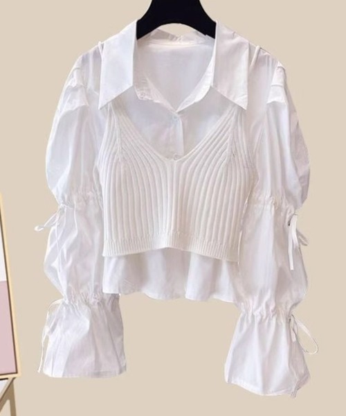 SPIGA（スピーガ）の「袖ｼｬｰﾘﾝｸﾞﾌﾞﾗｳｽ+ﾆｯﾄﾋﾞｽﾁｪｾｯﾄ（シャツ/ブラウス・レディース・ホワイト/ブルー・FREE）」の3枚目の写真