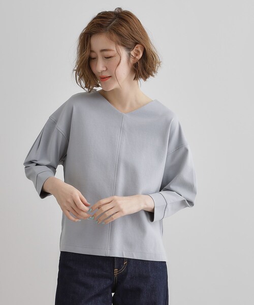 【グレー】【コットンシルケット】ポンチ Vネック Tシャツ セール】やみつきになる滑らかポンチVネックプルオーバー（Tシャツ