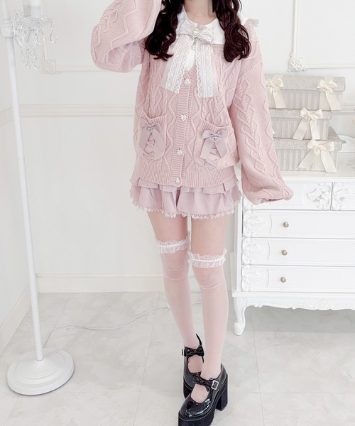 ビジューハートリング付きりぼんケーブルニットカーデ（カーディガン