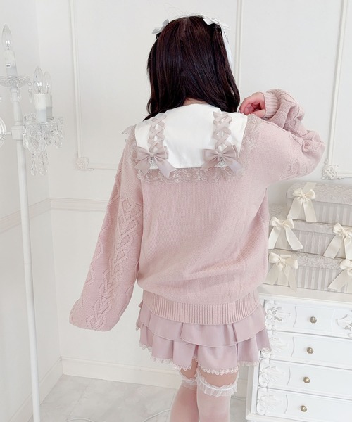 ビジューハートリング付きりぼんケーブルニットカーデ（カーディガン